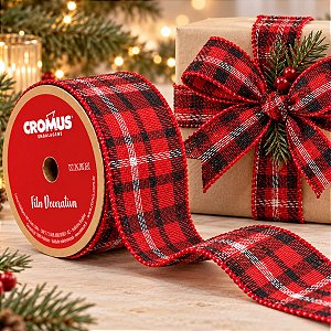 Fita Decorativa Aramada - Xadrez Vermelho, Preto, Branco - 6,3cm x 9,14m - 1 unidade - Cromus - Rizzo