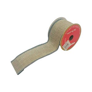Fita Decorativa Aramada - Bege Escuro com Bordas Xadrez - 6,3cm x 9,14m - 1 unidade - Cromus - Rizzo