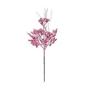 Galho Decorativo - Folhas, Frutas com Glitter Rosa - 52cm - 1 unidade - Cromus - Rizzo