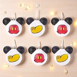 Bola de Natal Mickey Bota/Roupa - Branco/Preto/Vermelho - 6cm - 6 unidades - Disney Original - Rizzo