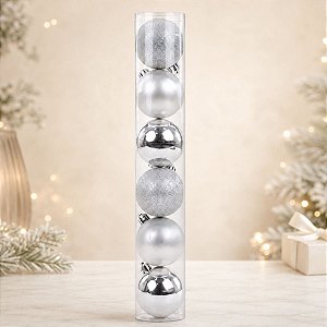 Bola De Natal em Tubo - Prata - 10cm - 6 unidades - Cromus - Rizzo