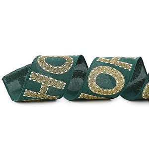 Fita Decorativa Aramada - Hohoho Verde e Ouro - 6,3cm x 9,14m - 1 unidade - Cromus - Rizzo