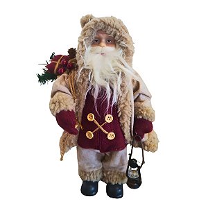 Papai Noel Decorativo Em Pé Com Presente - Bege e Vinho - 30cm - 1 unidade - Rizzo