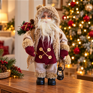 Papai Noel Decorativo Em Pé Com Presente - Bege e Vinho - 30cm - 1 unidade - Rizzo