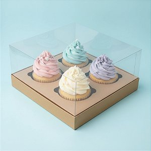 Caixa Cupcake com Tampa Transparente 4 Cavidades (17cm x 17cm x 8,5cm) Kraft - 10 unidades - Assk - Rizzo