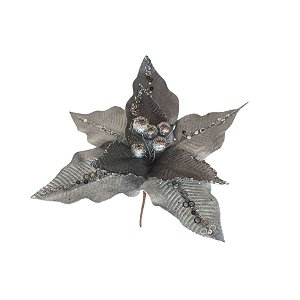 Poinsetia Decorativa De Natal - Prata - 34cm - 1 unidade - Rizzo