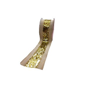 Fita Decorativa Aramada - Bege Com Dourado - 6,3cmx9,14m - 1 unidade - Rizzo