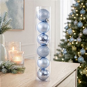 Bola de Natal em Tubo Brilho/Fosco/Glitter - Azul - 10cm - 6 unidades - Cromus - Rizzo