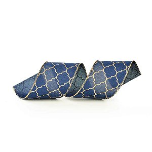 Fita Decorativa Aramada - Colmeia Azul e Ouro - 6,3x914cm   - 1 unidade - Cromus - Rizzo