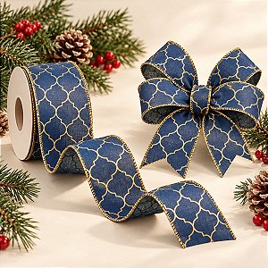 Fita Decorativa Aramada - Colmeia Azul e Ouro - 6,3x914cm - 1 unidade - Cromus - Rizzo