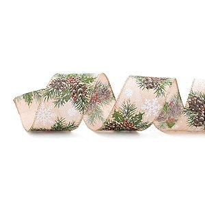 Fita Decorativa Aramada - Pinha e Frutas Vermelhas - 6,3x914cm   - 1 unidade - Cromus - Rizzo