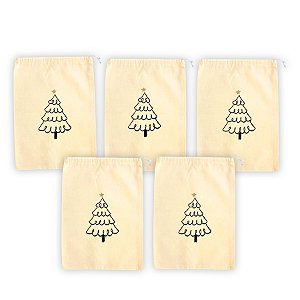 Kit Saco de Algodão Cru com Estampa Natal - Árvore de Natal - 17x21cm - 5 unidades - Rizzo
