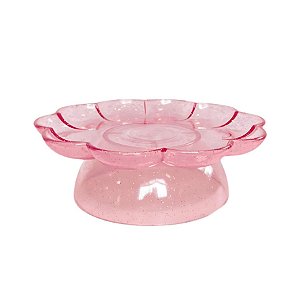 Bandeja Flower Com Pé - 180mm - Transparente Rosa Bebê Com Glitter - 1 unidade - Só Boleiras - Rizzo