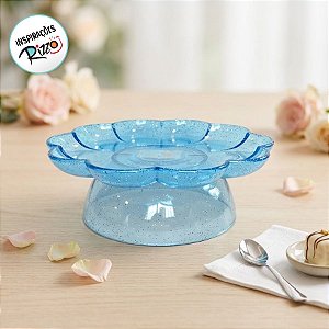 Bandeja Flower Com Pé - 180mm - Transparente Azul Bebê Com Glitter - 1 unidade - Só Boleiras - Rizzo