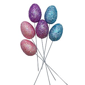 Pick Decorativo Ovos com Glitter Azul, Roxo e Rosa de Páscoa -  21cm  - 6 unidades - Rizzo