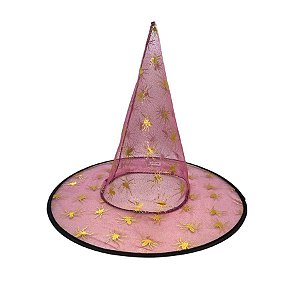 Chapéu de Bruxa Transparente Rosa - Aranha Dourada - Halloween - 1 unidade - Rizzo