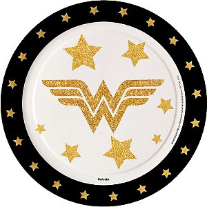 Prato de Papel Redondo - Mulher Maravilha Luxo - 8 unidades - Festcolor - Rizzo