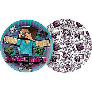 Prato Papel Redondo 18cm - Festa Minecraft Grafite - 12 unidades - Regina - Rizzo