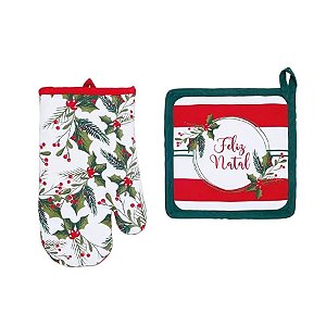 Kit Luva e Pegador Cozinha - Feliz Natal - Verde Branco e Vermelho - 1 unidade - Cromus - Rizzo