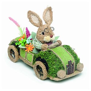 Coelho em Carro Decorativo Grama - 29x13,5cm - 1 unidade - Cromus - Rizzo