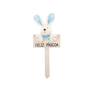 Plaquinha MDF Feliz Páscoa com Coelho Florido Azul - 1 unidade - Cromus -