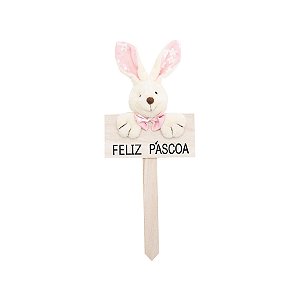 Plaquinha MDF Feliz Páscoa com Coelho Florido Rosa - 1 unidade - Cromus -