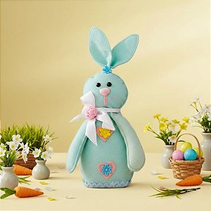 Coelho Flores Coloridas em Feltro Azul - 27cm - 1 unidade - Rizzo