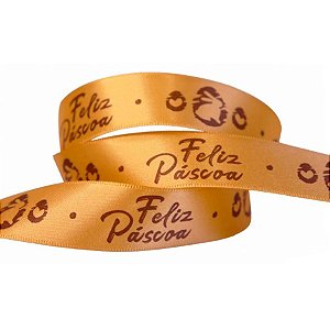 Fita de Páscoa em Cetim 22mmx10m Coelho Feliz Páscoa Ouro com Marrom ECF005D 257 Progresso Rizzo Embalagens