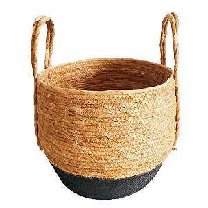 Cesto Decorativo Paracanas de Seagrass Natural e Preto com alça- 29x29x25cm - 1 unidade - Rizzo