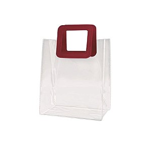 Sacola Transparente PVC com Alça Quadrada de Couro Vinho - 20x18x10cm - 1 unidade - Rizzo