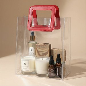 Sacola Transparente PVC com Alça Quadrada de Couro Vermelho - 26x22x12cm - 1 unidade - Rizzo