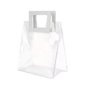 Sacola Transparente PVC com Alça Quadrada de Couro Branco - 26x22x12cm - 10 unidades - Rizzo