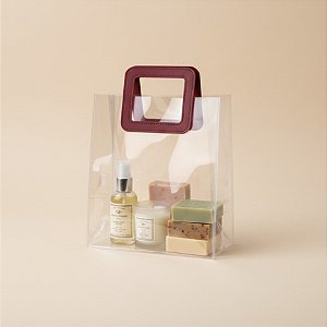 Sacola Transparente PVC com Alça Quadrada de Couro Vinho - 15x15x10cm - 10 unidades - Rizzo