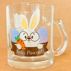 Caneca de Vidro - Coelho com Óculos - Feliz Páscoa - 320ml - 1 unidade - Rizzo