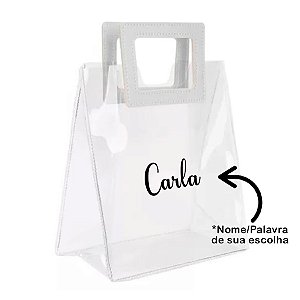 Sacola PVC com Alça Quadrada de Couro Branco Personalizado com Nome - 22x26x12cm - 1 unidade - Rizzo