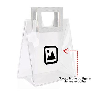 Sacola PVC com Alça Quadrada de Couro Branco com Logo Preto - 18x20x10cm - 1 unidade - Rizzo Personalize