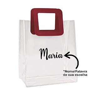 Sacola PVC com Alça Quadrada de Couro Vinho Personalizado com Nome - 20x18x10cm - 1 unidade - Rizzo