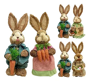 Decoração de Páscoa Casal de Coelhos de Palha Rústico - 34cm - Rizzo