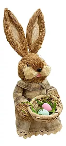 Decoração de Páscoa Coelha de Palha Vestido Xadrez com Cesto - 34cm - 01 unidade - Rizzo