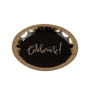 Prato Papel Biodegradável Celebrete Preto e Dourado - 10 unidades - 18 cm - Rizzo