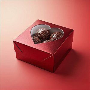 Caixa Para Doce Com Visor De Coração - 5,5x5x3cm - Vermelho Texturizado - 10 unidades - Assk - Rizzo