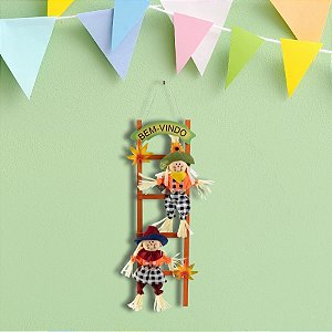 Placa De Bem-Vindo Espantalhos na Escada De Festa Junina - 65x18cm - 1 unidade - Rizzo