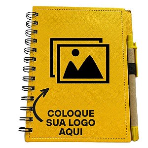Bloco para Anotação Personalize Logo Preta De Couro com Caneta - Amarelo - 70 Folhas  - 14,5x18cm - 1 unidade - Rizzo