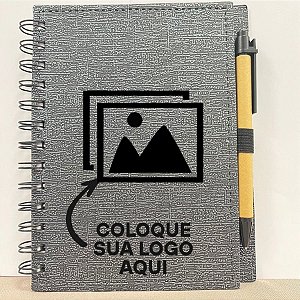 Bloco para Anotação Personalize Logo Preta De Couro com Caneta - Preto Com Prata - 70 Folhas  - 14,5x18cm - 1 unidade -