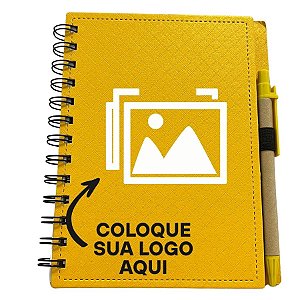 Bloco para Anotação Personalize Logo Branca De Couro com Caneta - Amarelo - 70 Folhas  - 14,5x18cm - 1 unidade - Rizzo