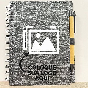 Bloco para Anotação Personalize Logo Branca De Couro com Caneta - Preto Com Prata - 70 Folhas  - 14,5x18cm - 1 unidade -