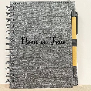 Bloco para Anotação Personalizado  Escrita Preta De Couro com Caneta  - Preto Com Prata - 70 Folhas - 14,5x18cm - 1 unid