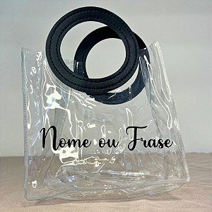 Sacola Transparente PVC Personalizado Escrita Preta com Alça Redonda de Couro Preto - 15x15x10cm - 1 unidade - Rizzo