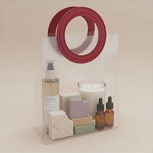 Sacola Transparente Fosca PVC com Alça Redonda de Couro Marsala - 32x26x14,5cm - 12 unidades - Rizzo