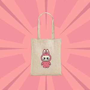 Sacola de Algodão Reciclado Bege Estampa de Labubu - Rosa Bebê - 38x40cm - 1 unidade - Rizzo